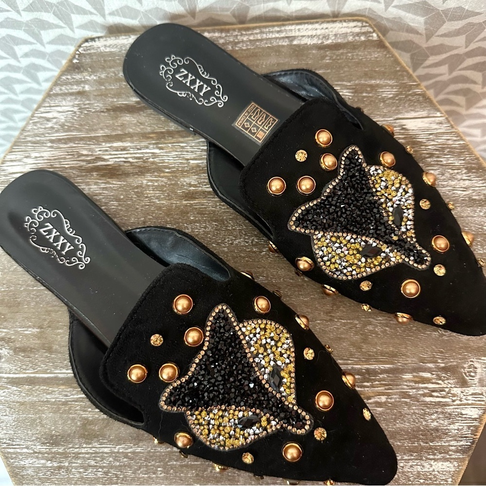 Fox Stud Pointy Toe Mules Flats Slides Black Rhinestones Crystals Size 9 41 - Picture 4 of 7